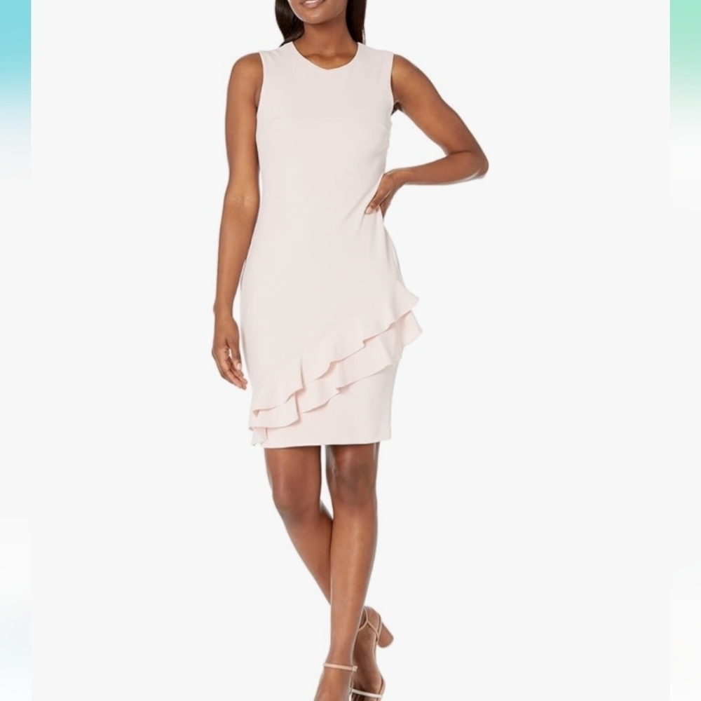 Calvin Klein - Sleeveless White Sheath Dress with Ruffle detail